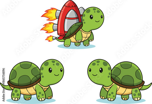 Cute Cartoon Turtle Character with Jetpack Rocket Vector Set
