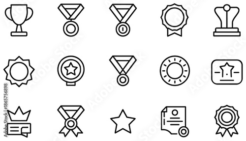 Award and Achievement Icons: Trophy, Medal, Star, Certificate, Rosette Vector Collection. Set of simple line art symbols representing success, victory, recognition, and excellence for sports, business