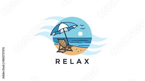Beach chair and umbrella on sandy shore with ocean waves.