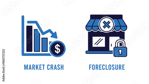 Financial Crisis Icons with Market Crash Graph and Foreclosure Storefront in Blue Monochrome Flat Design for Business Infographics