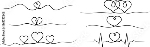  heart line art designs, Continuous line art drawing vector illustration, set of Continuous line art drawing of love