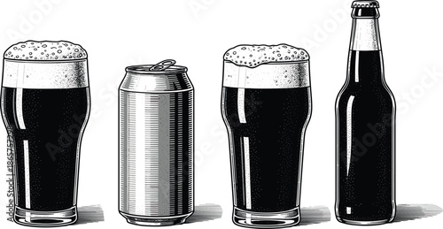 Vintage beer glass bottle and can illustration set, black and white hand drawn beverage engraving style design