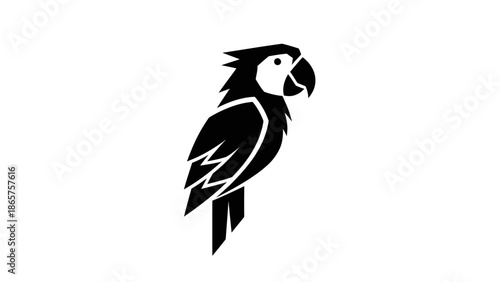 Black and white graphic illustration of a parrot, simple and elegant design.
