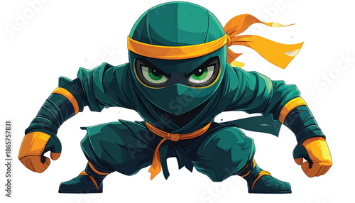Cartoon Ninja Character in Crouching Position with Intense Gaze.