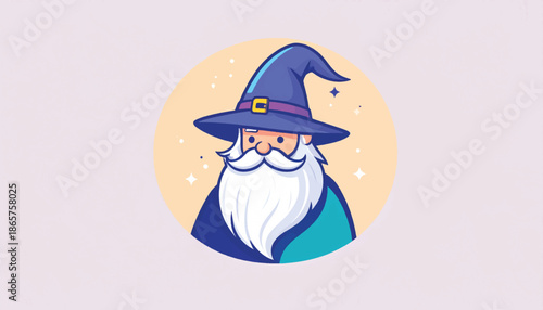 Cartoon Wizard Portrait with Pointed Hat and White Beard.