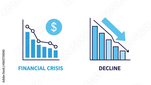 Financial Decline Graph in Blue with Downward Trend and Dollar Sign in Simple Flat Design for Business Infographics