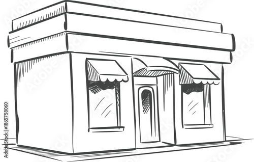 Small retail shop building or cafe storefront with awnings and windows for business exterior vector illustration
