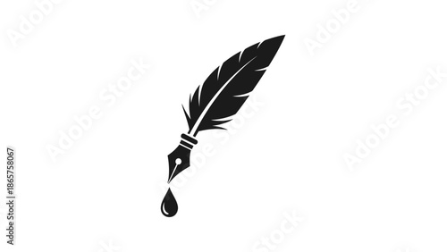 Black Feather Quill Pen with Ink Drop Illustration.