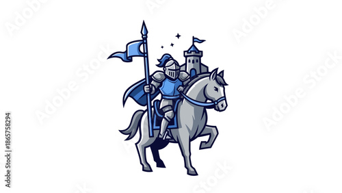 Brave knight on horseback with a banner and castle in the background.