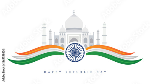Happy Republic Day Of India Design With Tricolor Ribbon, Ashoka Chakra And Taj Mahal On 26 January