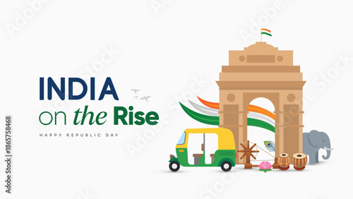 Republic Day illustration showing India Gate, tricolor ribbon, auto rickshaw, elephant, charkha, and cultural elements celebrating India’s growth