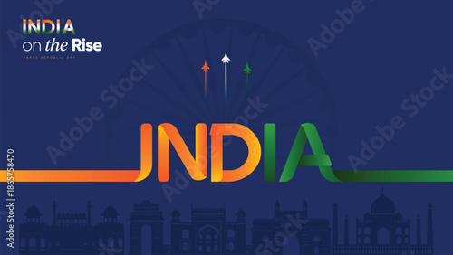 Republic Day background featuring India tricolor typography, fighter jet flypast, and monument silhouettes symbolizing national pride.