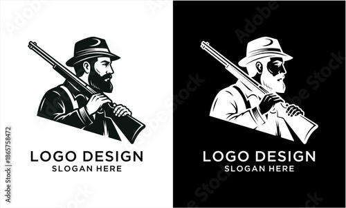Vintage Hunter with Rifle Logo Design for Outdoor and Hunting Enthusiasts.