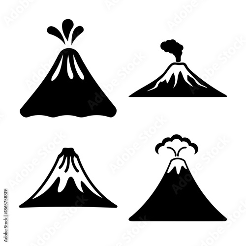 Diverse volcano silhouette icons showing eruption and dormant states Vector