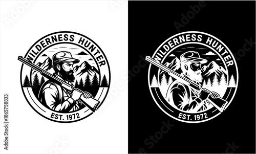 Wilderness Hunter Logo Design with Man Holding Rifle and Mountain Landscape.
