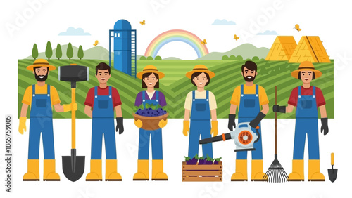 Group of farmers working together in a field with farming tools.