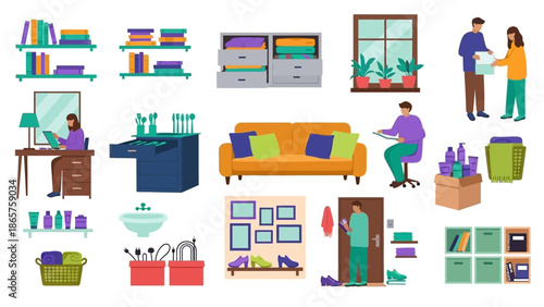 Organizing home office and living spaces with storage solutions.