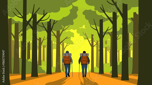 Two hikers with backpacks walking through a serene forest path.