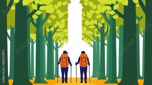 Two hikers with backpacks and trekking poles walking through a forest path.
