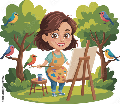 Cute Girl Artist Painting on Canvas in Nature with Birds and Trees Illustration