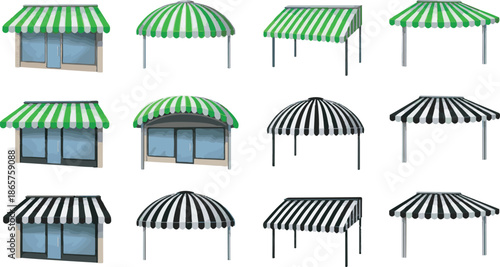 Colorful striped and green beach umbrellas set in summer resort vector illustration