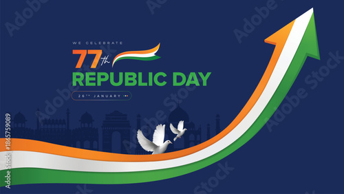 77th Republic Day of India Celebration Design With Tricolor Arrow, Peace Doves, and 26 January Patriotic Background
