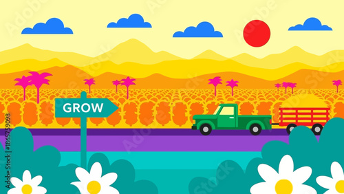 Vibrant illustration of a green truck driving through a farm landscape.