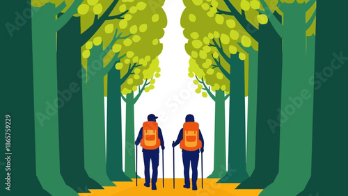 Two hikers walking through a forest path surrounded by trees.