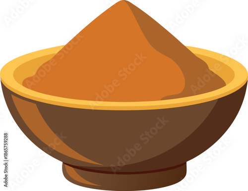 Mounded pile of warm brown spice powder contained within a simple rustic ceramic bowl illustrates an essential ingredient used widely in culinary traditions for flavour and colour  dishes across 