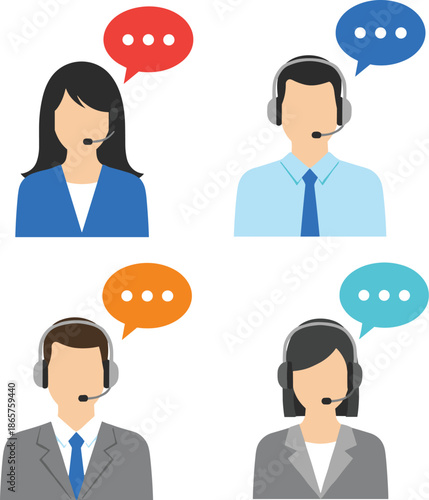 Customer Support Call Center Agent Avatar Flat Vector Set