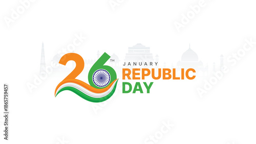 Creative Republic Day celebration design featuring “26 January” typography with Indian tricolor wave and Ashoka Chakra, suitable for posters, banners, social media posts, web graphics, and print desig