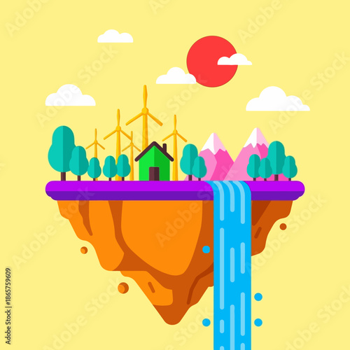 Floating island with eco-friendly house and wind turbines.