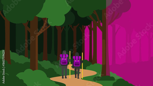 Two hikers with backpacks walking on a forest trail together.