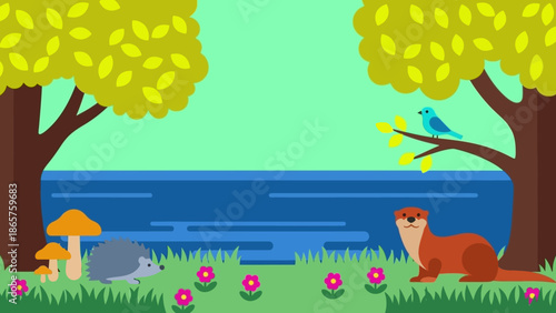 Serene lakeside scene with animals and vibrant flowers.