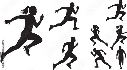 Running silhouettes in dynamic motion vector illustration flat design scalable art