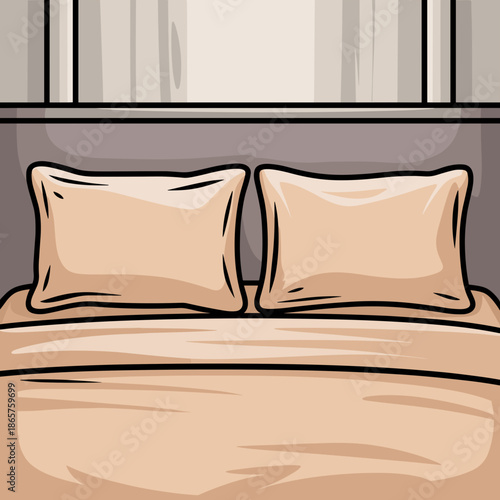 Neatly made bed with pillows in a hotel room setting