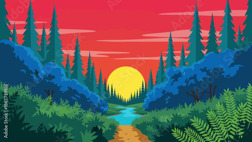 Vibrant forest landscape at sunset with trees and foliage.