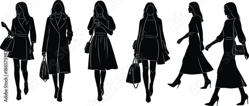 Fashion women silhouettes, walking street style, modern outfits, minimal vector illustration set