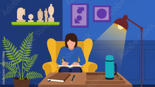 Woman reading a book in a cozy armchair with a desk lamp.