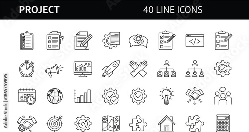 Project management icons, business planning symbols, productivity, workflow, line vector set collection