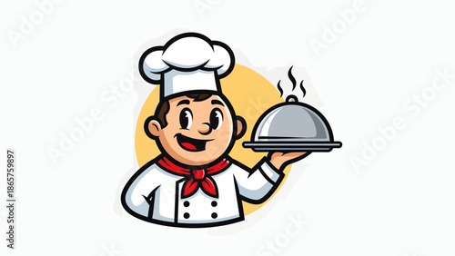 Cartoon Chef Holding a Cloche Serving Dish.