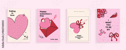 Set of Valentine's Day coquette greeting cards for Valentine's Day. Hand drawn whimsical frames with elegant bows and ribbons. template for poster, banner, wedding invitation, birthday card, branding.