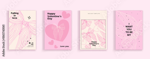 Set of Valentine's Day coquette greeting cards for Valentine's Day. Hand drawn whimsical frames with elegant bows and ribbons. template for poster, banner, wedding invitation, birthday card, branding.