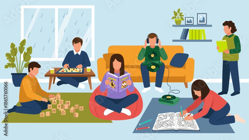 Family members engaging in various leisure activities together indoors on a rainy day.