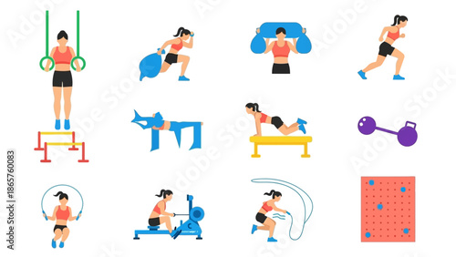 Cartoon woman exercising with various fitness equipment and activities.