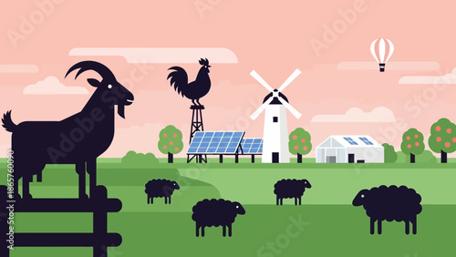 Sustainable farm with renewable energy and livestock.