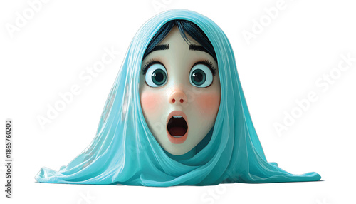 Cartoon Girl with Surprised Expression Wearing a Blue Hijab.