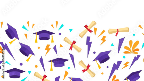 Graduation caps and diplomas with confetti on white background.