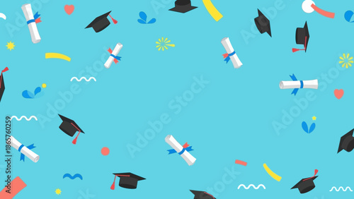 Graduation caps and diplomas pattern on blue background.