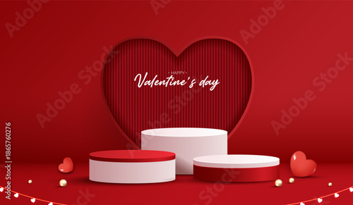 Red podium display background products for valentine’s day in love platform. stand to show cosmetic with craft style. symbols of love for happy. vector design